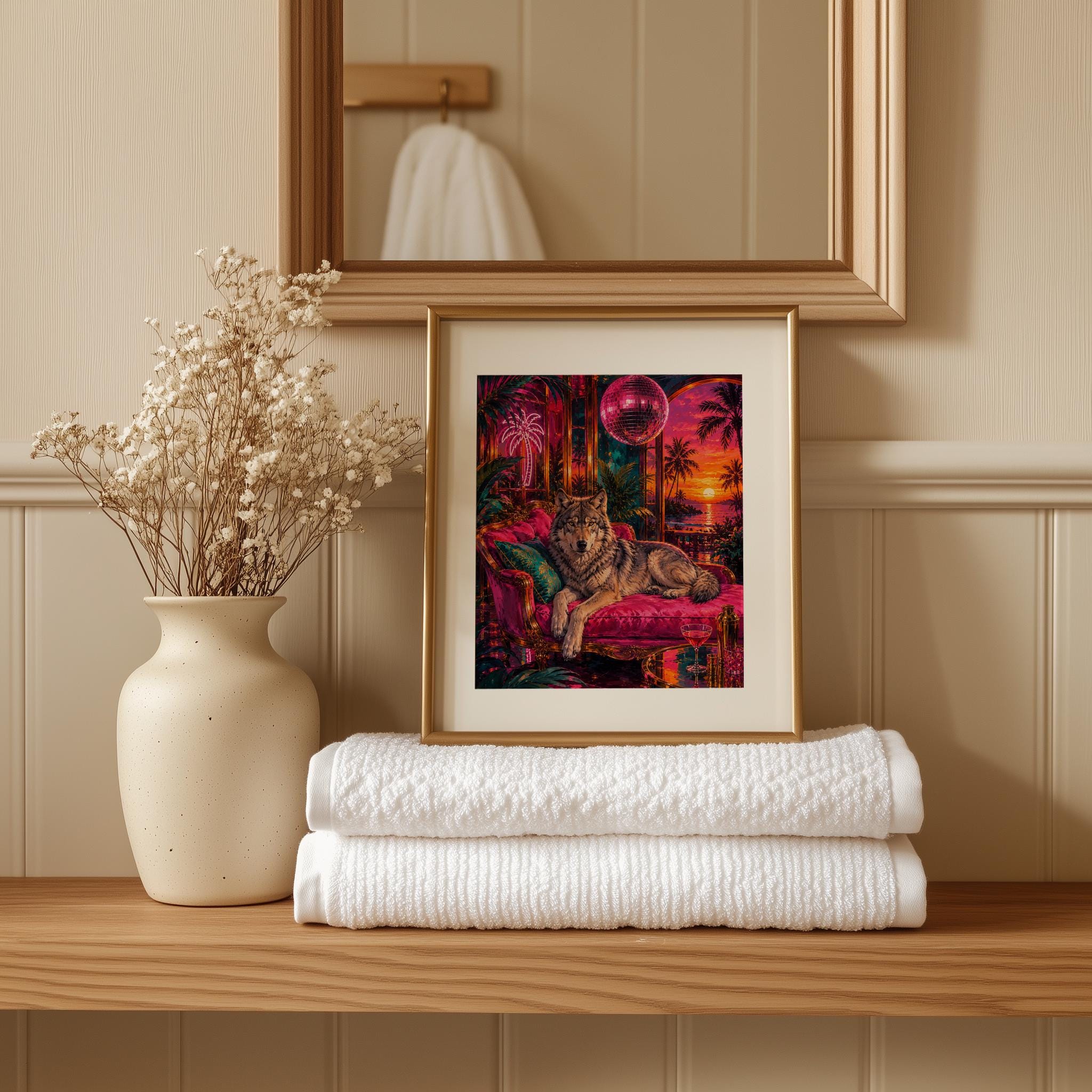 Neon Wolf Wall Art, Tropical Synthwave & Disco Ball and Bed - Image 6