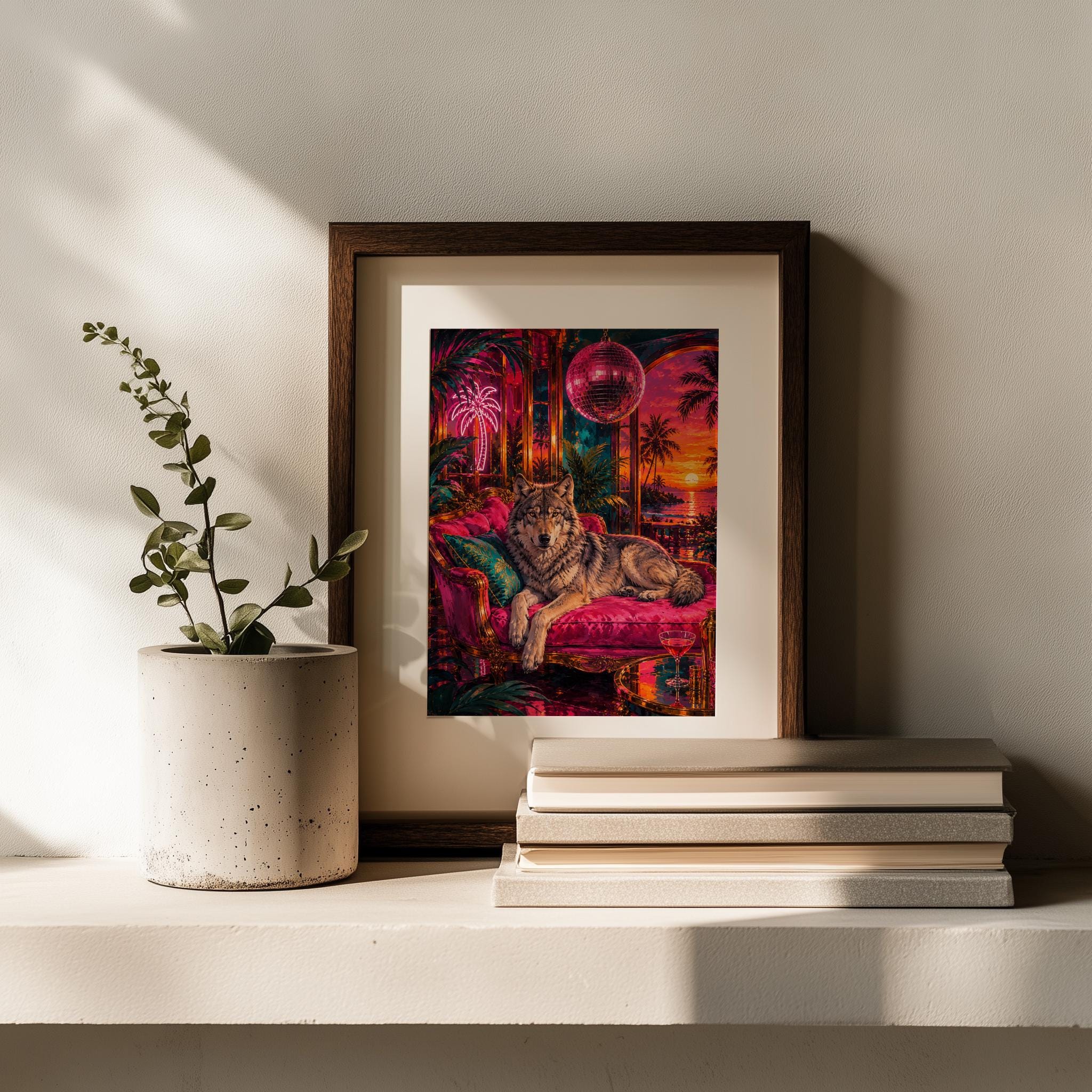 Neon Wolf Wall Art, Tropical Synthwave & Disco Ball and Bed - Image 9