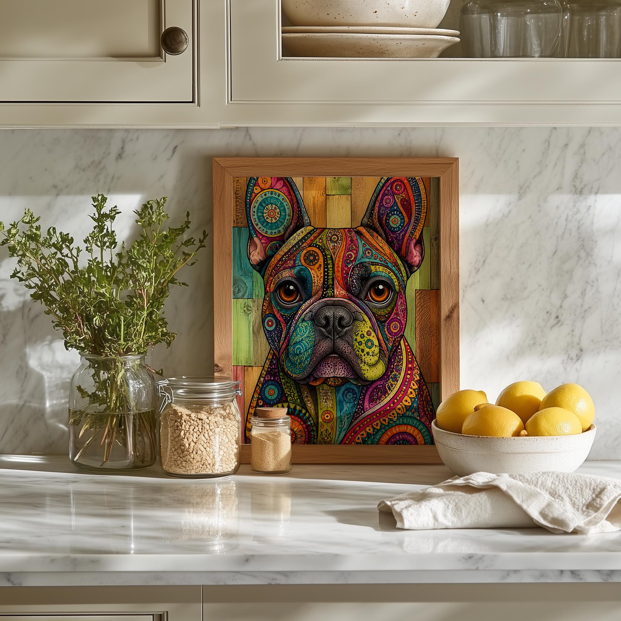 Vibrant Bohemian French Bulldog Framed Art, Psychedelic Dog Print, Eclectic Animal Decor - Image 3