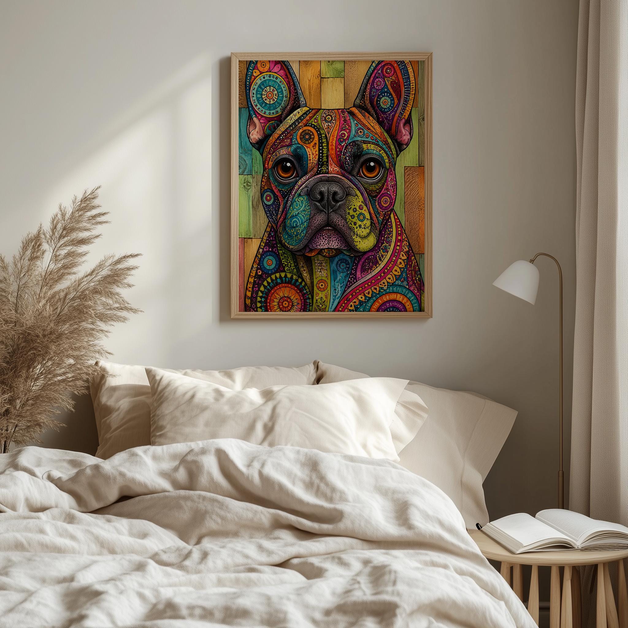 Vibrant Bohemian French Bulldog Framed Art, Psychedelic Dog Print, Eclectic Animal Decor - Image 2