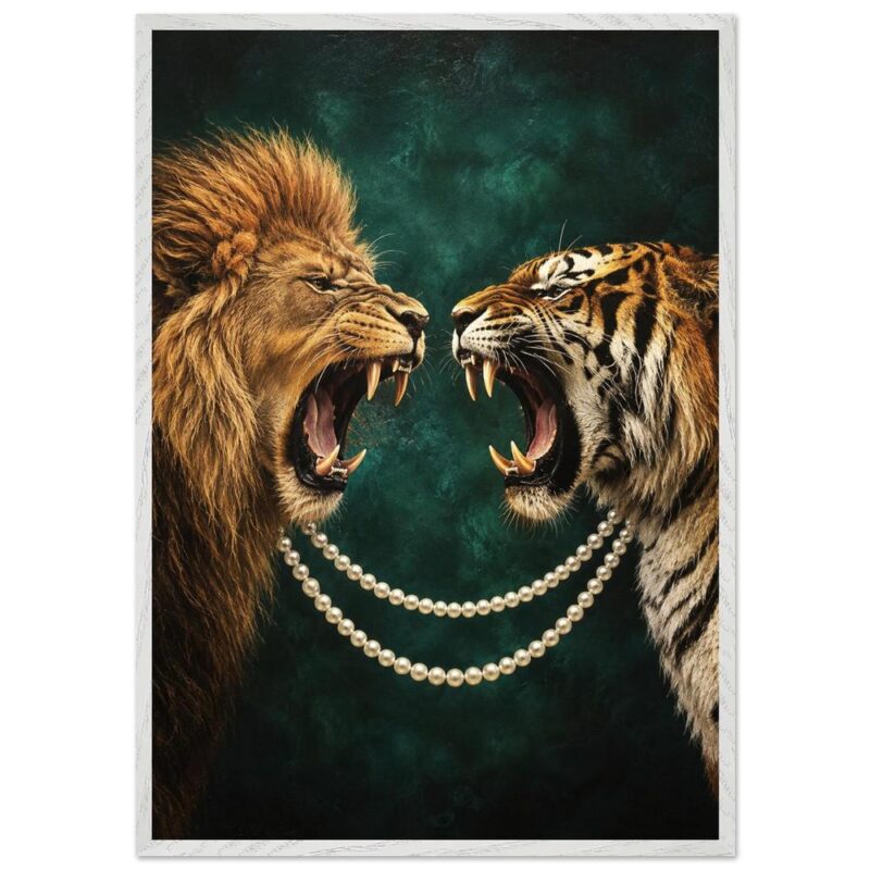Roaring Lion & Tiger Pearl Wall Art, Regal Safari Framed Print, Dark Academia Decor, Elegant Animal Artwork for Modern Homes