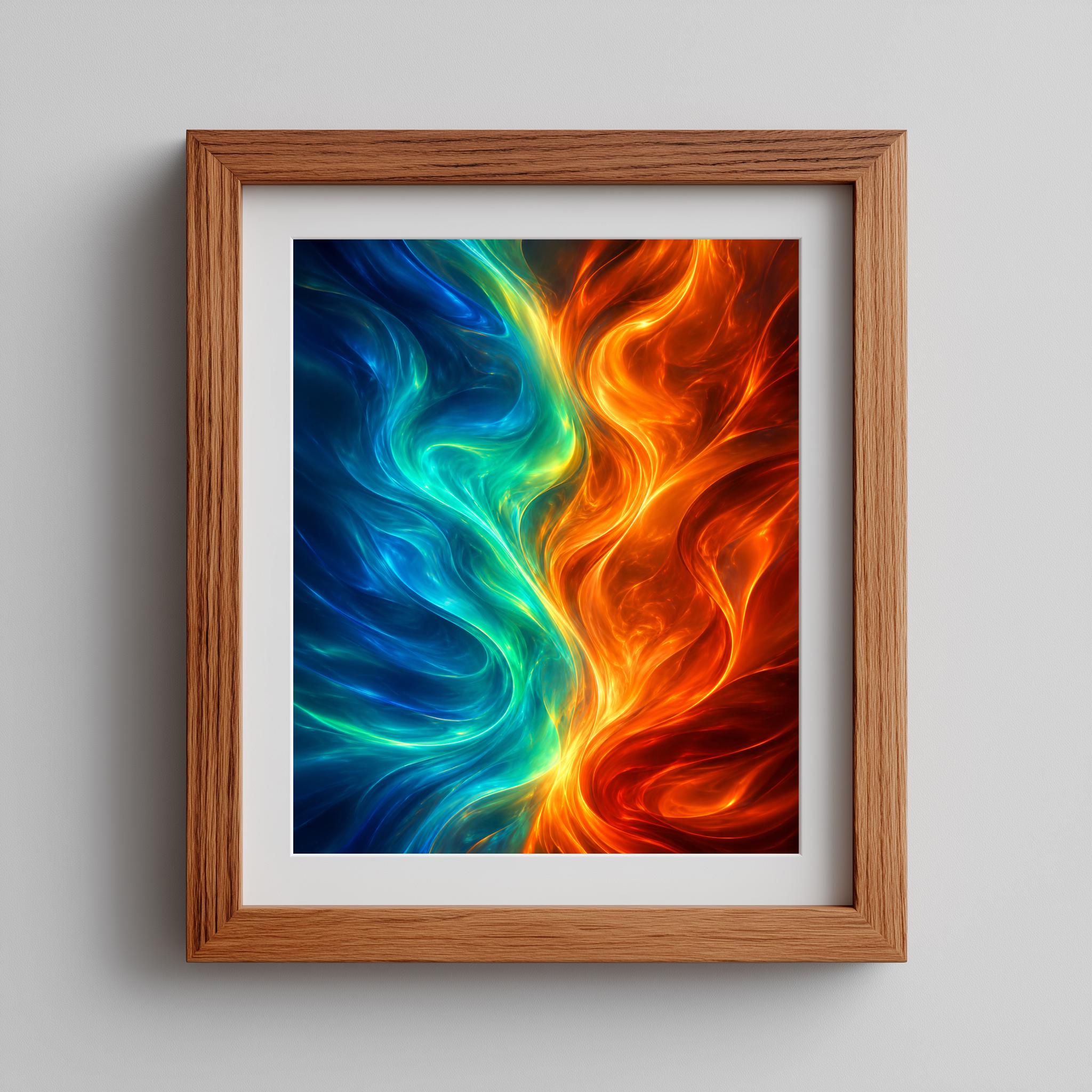 Abstract Flame Ice Swirl Poster, Blue Orange Wall Art, Large Dynamic Canvas Print - Image 2