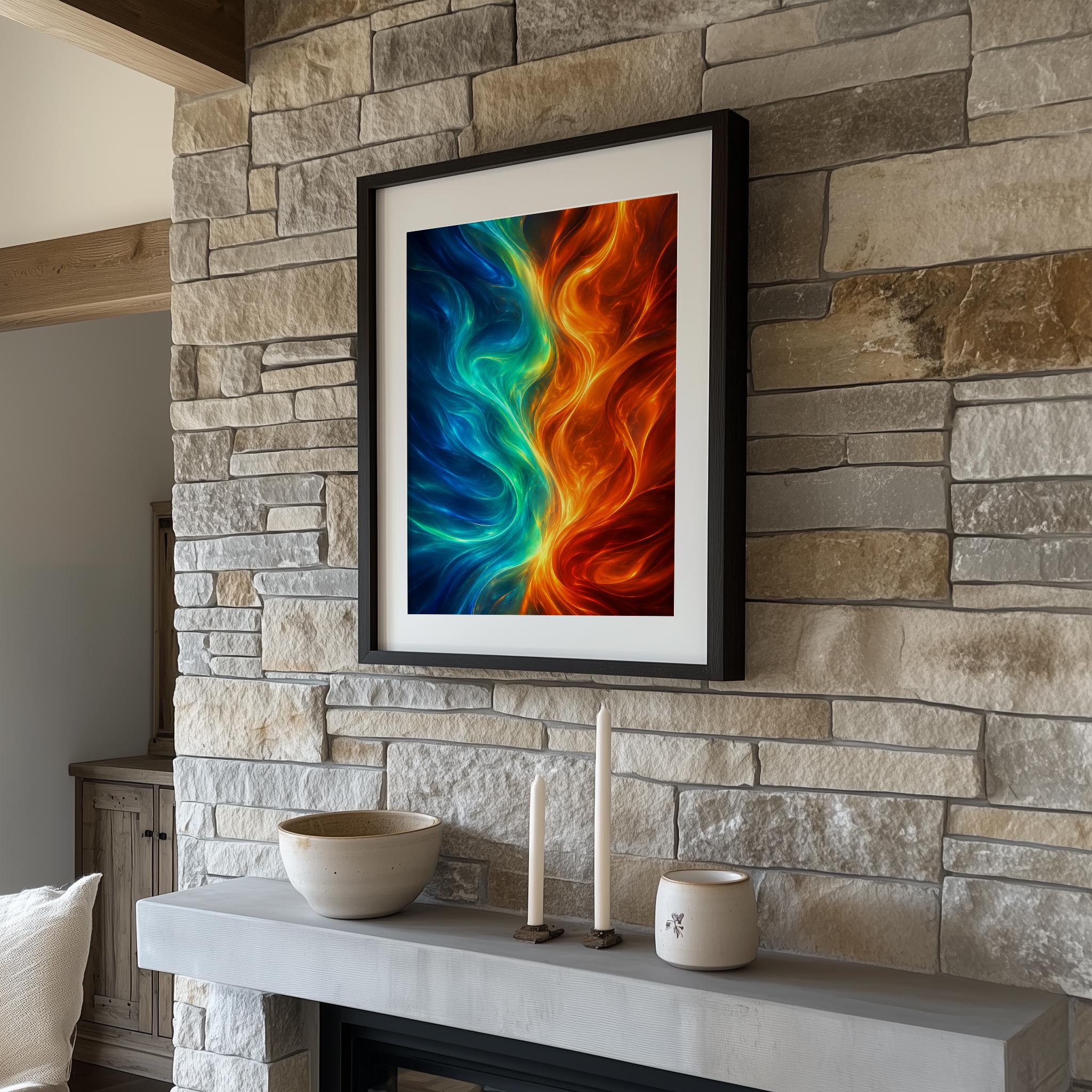 Abstract Flame Ice Swirl Poster, Blue Orange Wall Art, Large Dynamic Canvas Print - Image 9