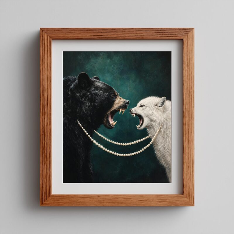 Bear and Wolf Wall Art, Dark Teal Wildlife Print