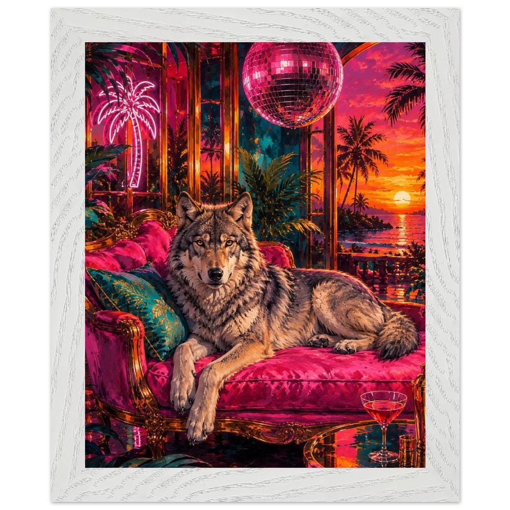 Neon Wolf Wall Art, Tropical Synthwave & Disco Ball and Bed - Image 2