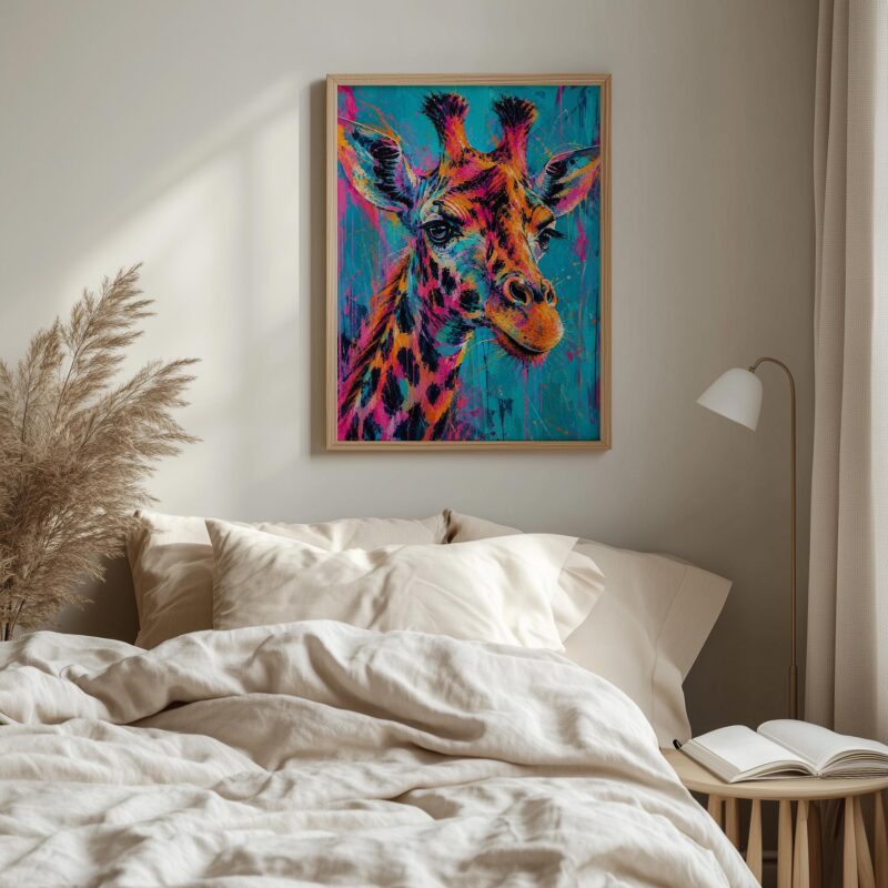 Vibrant Splatter Giraffe Framed Wall Art, Abstract Animal Print, Colorful Home Decor, Ready to Hang Pop Art Artwork, Modern Wall Art