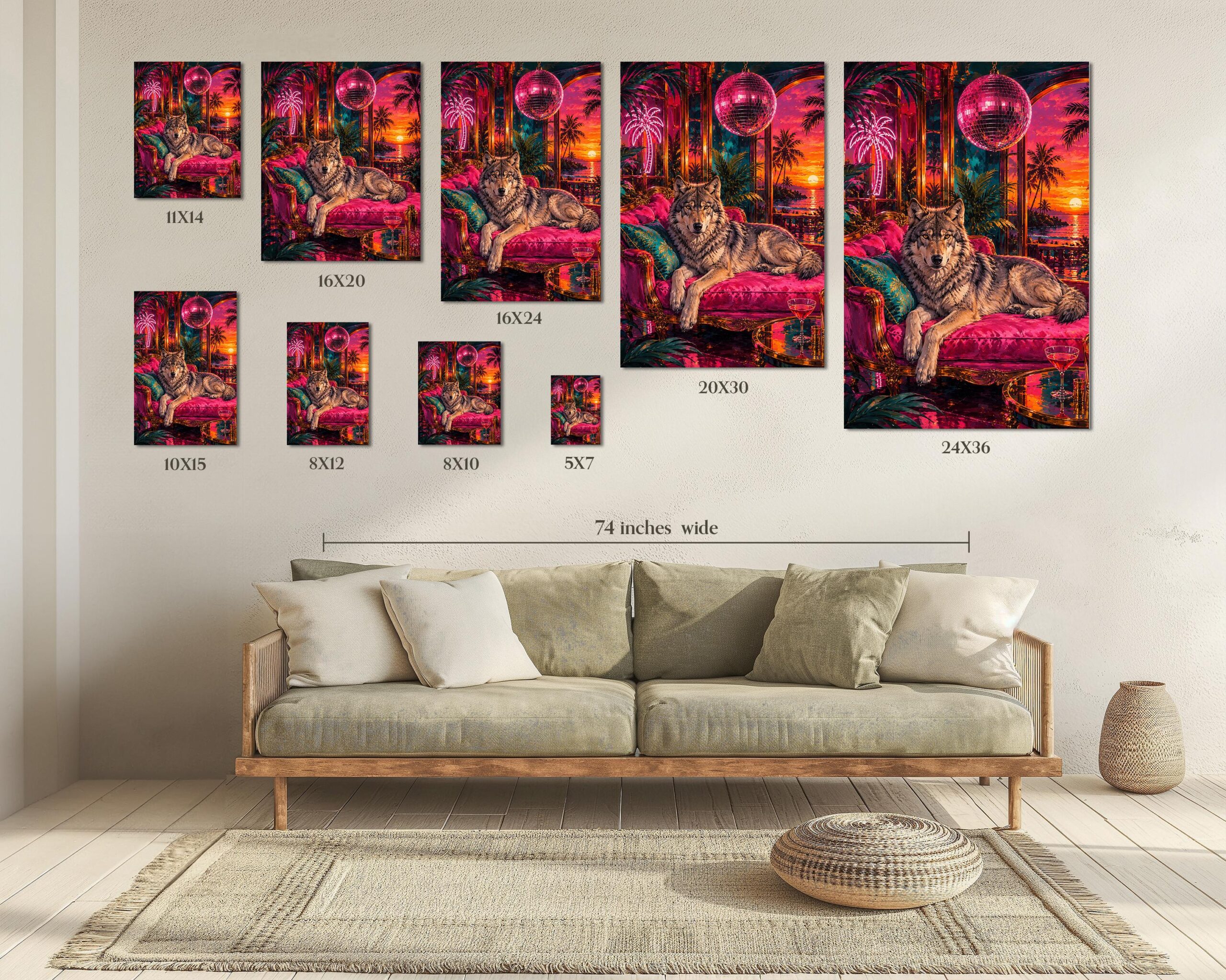 Neon Wolf Wall Art, Tropical Synthwave & Disco Ball and Bed - Image 5