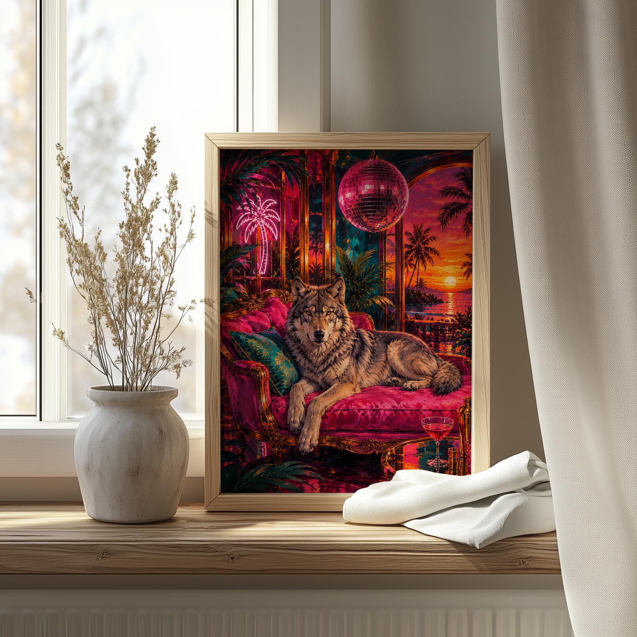 Neon Wolf Wall Art, Tropical Synthwave & Disco Ball and Bed - Image 8