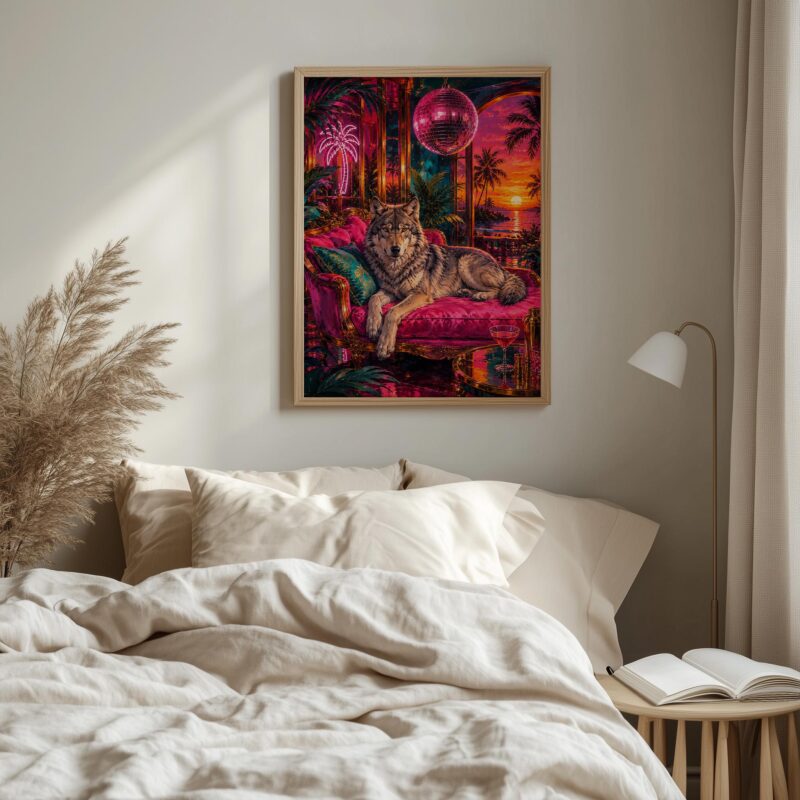 Neon Wolf Wall Art, Tropical Synthwave & Disco Ball and Bed
