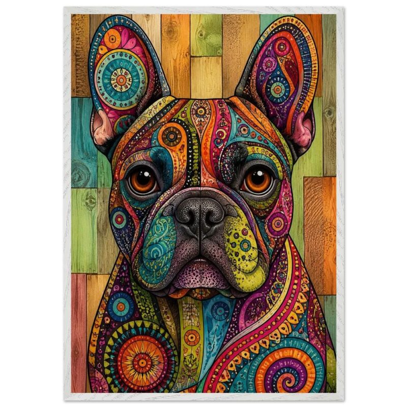 Vibrant Bohemian French Bulldog Framed Art, Psychedelic Dog Print, Eclectic Animal Decor