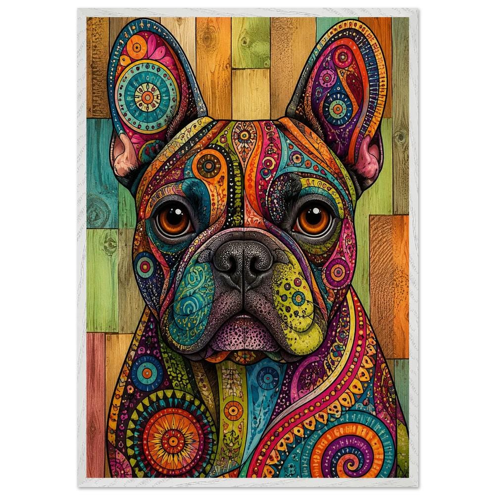 Vibrant Bohemian French Bulldog Framed Art, Psychedelic Dog Print, Eclectic Animal Decor