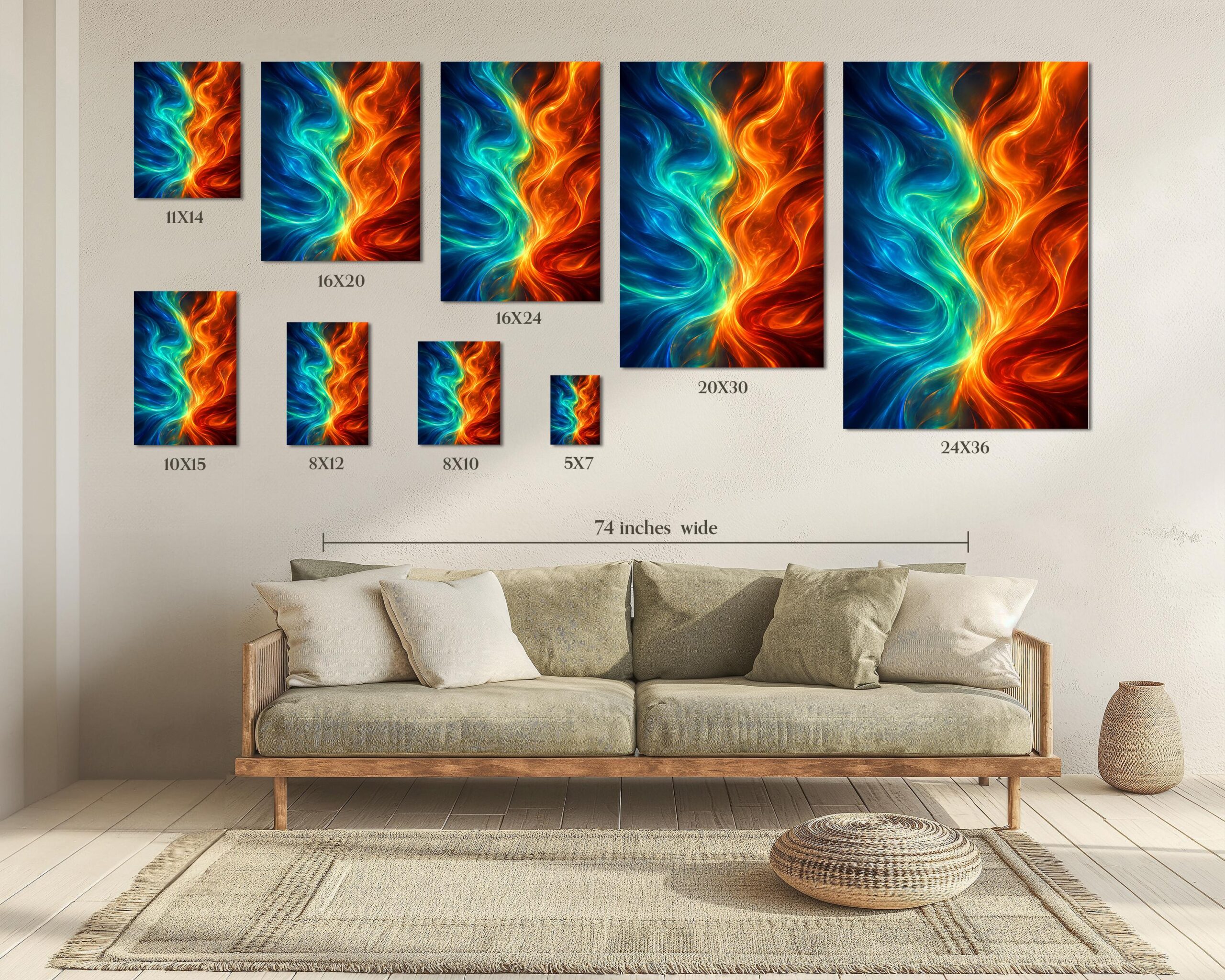 Abstract Flame Ice Swirl Poster, Blue Orange Wall Art, Large Dynamic Canvas Print - Image 4