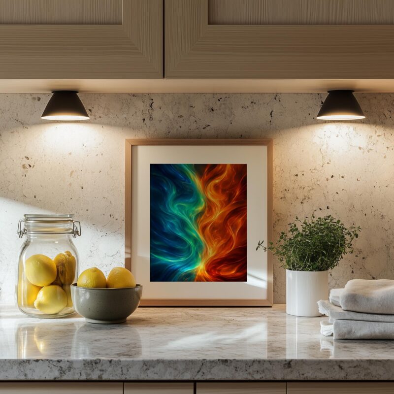 Abstract Flame Ice Swirl Poster, Blue Orange Wall Art, Large Dynamic Canvas Print