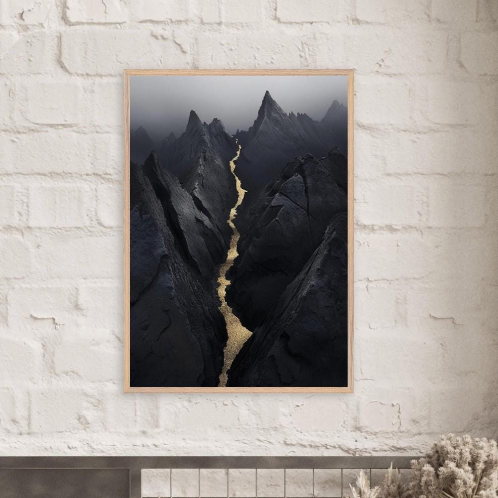 Dark Mountain Wall Art, Gold River Landscape Print for Modern Interiors - Image 8
