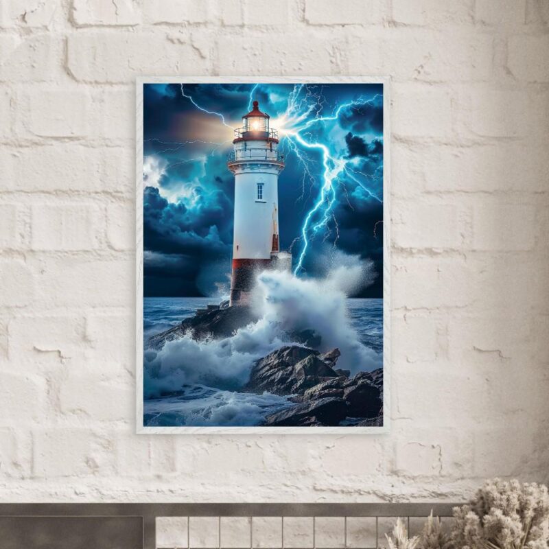 Dramatic Stormy Lighthouse Framed Wall Art – Coastal Power in Your Home