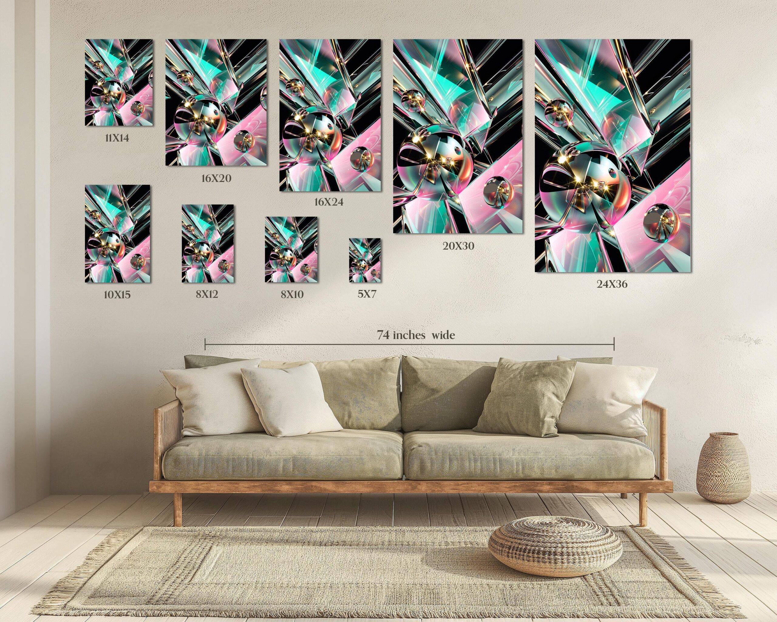 Iridescent Abstract Wall Art, Teal and Pink Geometric Print for Modern Interiors - Image 3