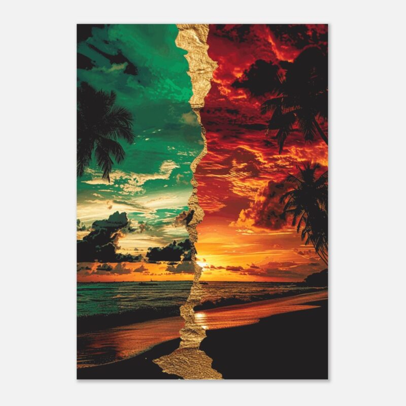 Split Sunset Tropical Beach Fine Art Poster - Vivid Emerald & Fiery Orange Gold Divider
