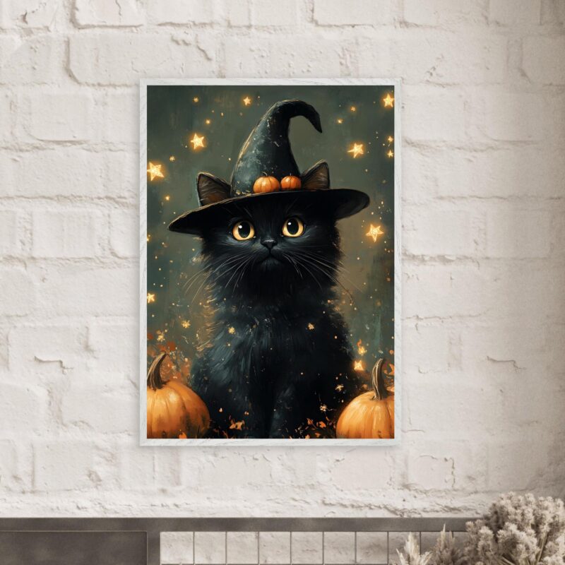 Black Cat Witch Wall Art, Whimsical Halloween Framed Print