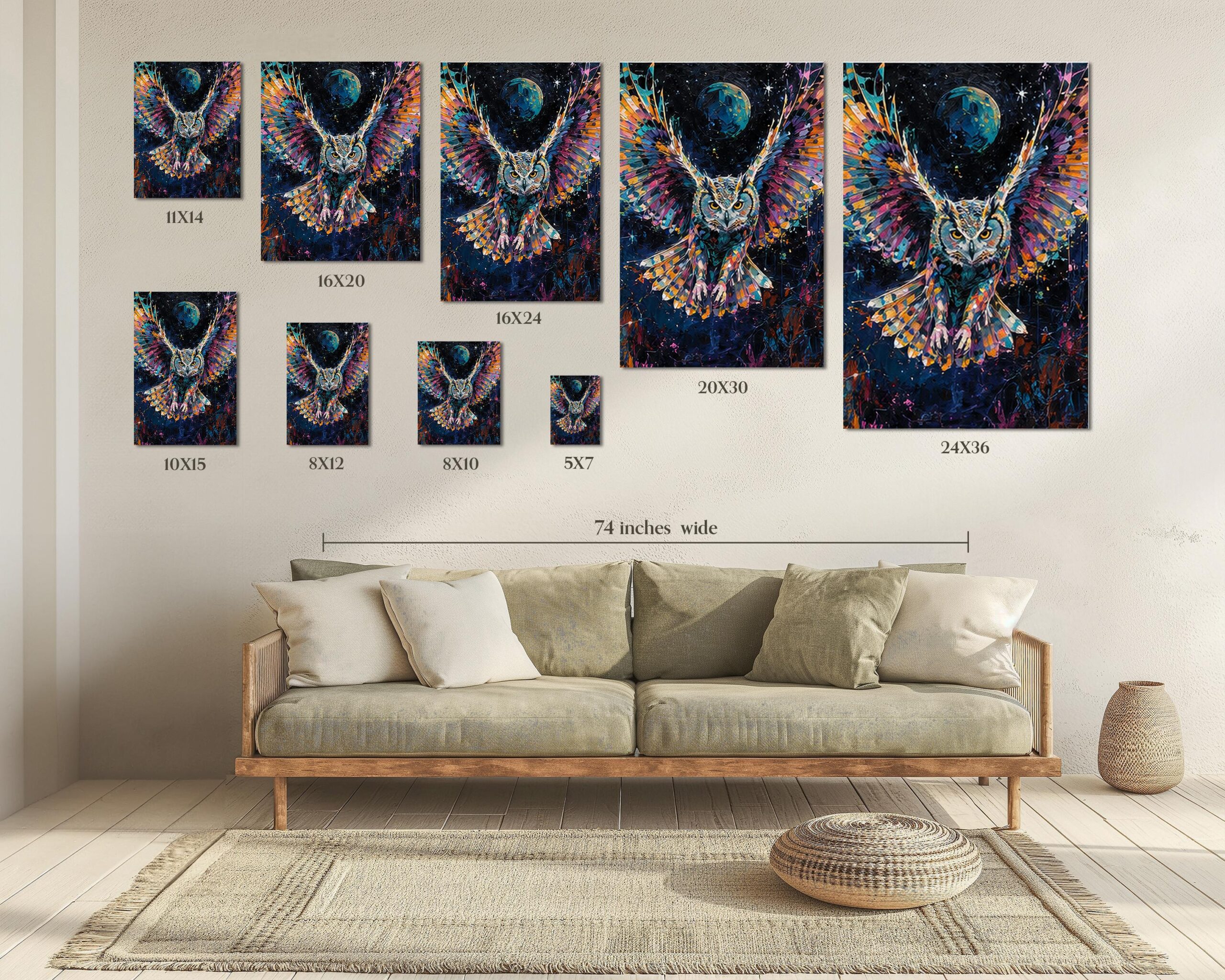 Abstract Cosmic Owl Framed Wall Art, Vibrantly Painted Owl in Flight for a Modern Home Accent - Image 7