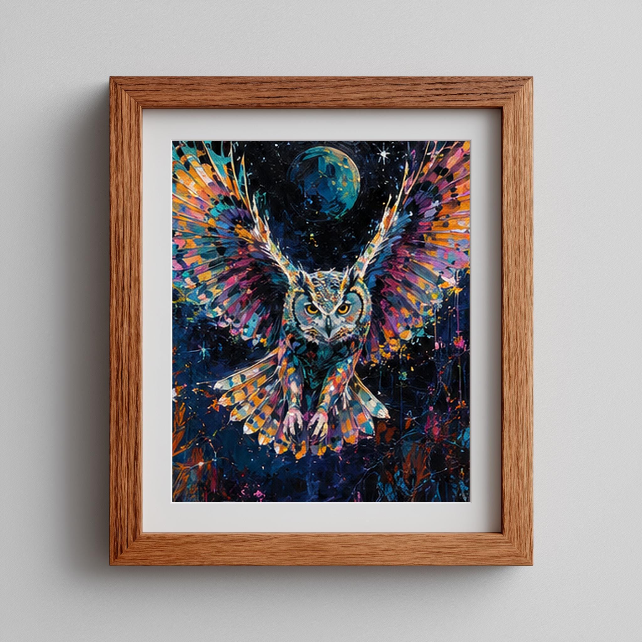 Abstract Cosmic Owl Framed Wall Art, Vibrantly Painted Owl in Flight for a Modern Home Accent - Image 10