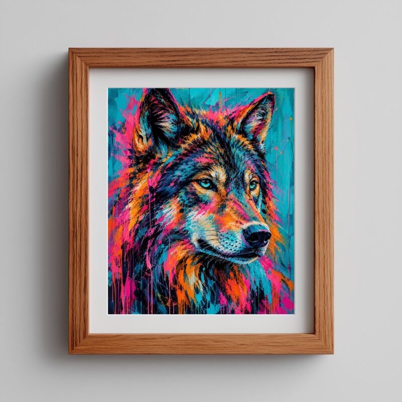 Abstract Neon Wolf Framed Wall Art, Vibrant Splash Art Decor