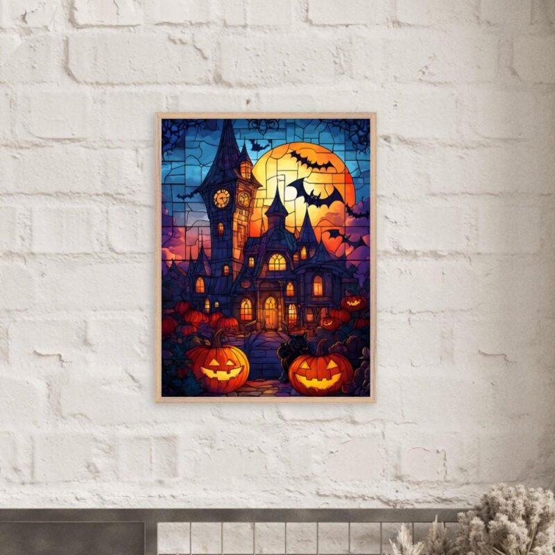 Haunted House Halloween Wall Art, Stained Glass Gothic Print or Aluminium
