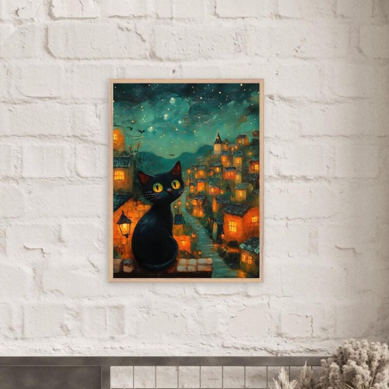 Black Cat Village Wall Art, Whimsical Starry Night Print or Aluminium