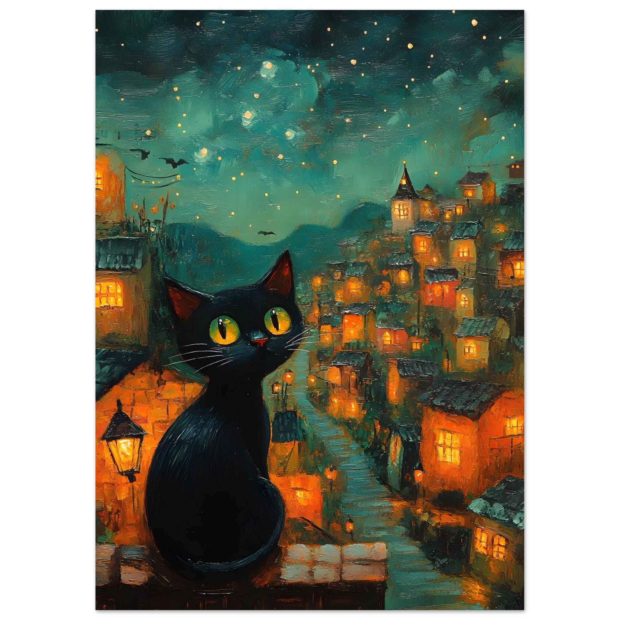 Black Cat Village Wall Art, Whimsical Starry Night Print or Aluminium - Image 6