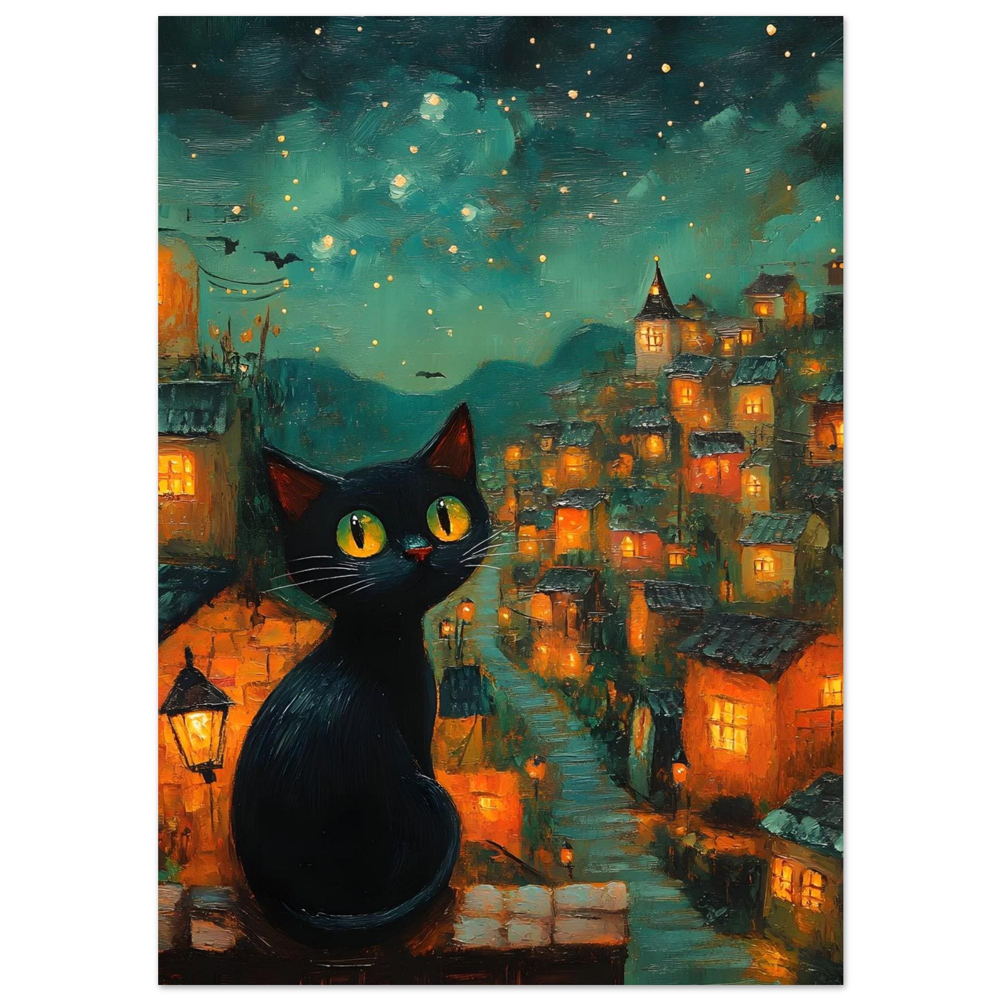 Black Cat Village Wall Art, Whimsical Starry Night Print or Aluminium - Image 8