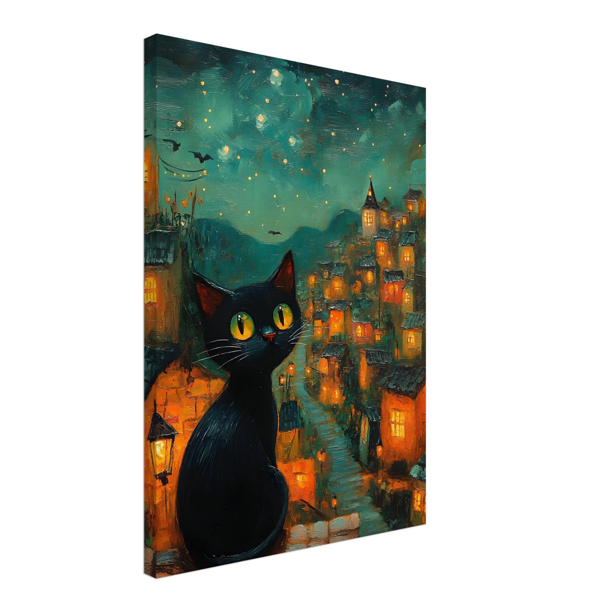 Black Cat Village Wall Art, Whimsical Starry Night Print or Aluminium - Image 9