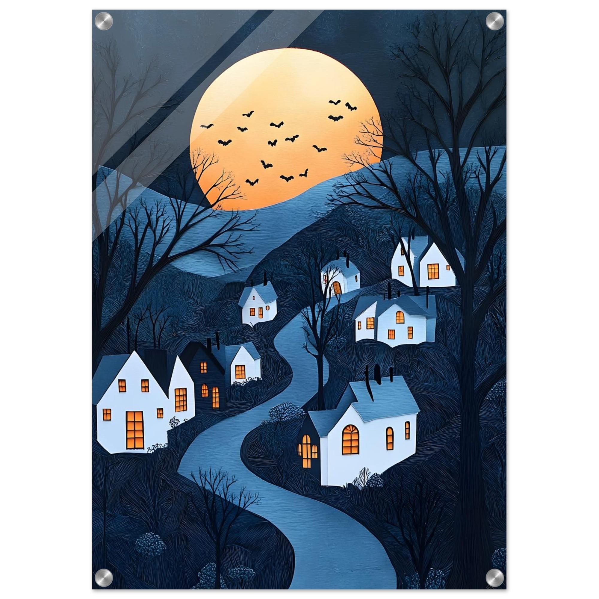 Halloween Village Wall Art, Whimsical Full Moon Print or Aluminium - Image 3