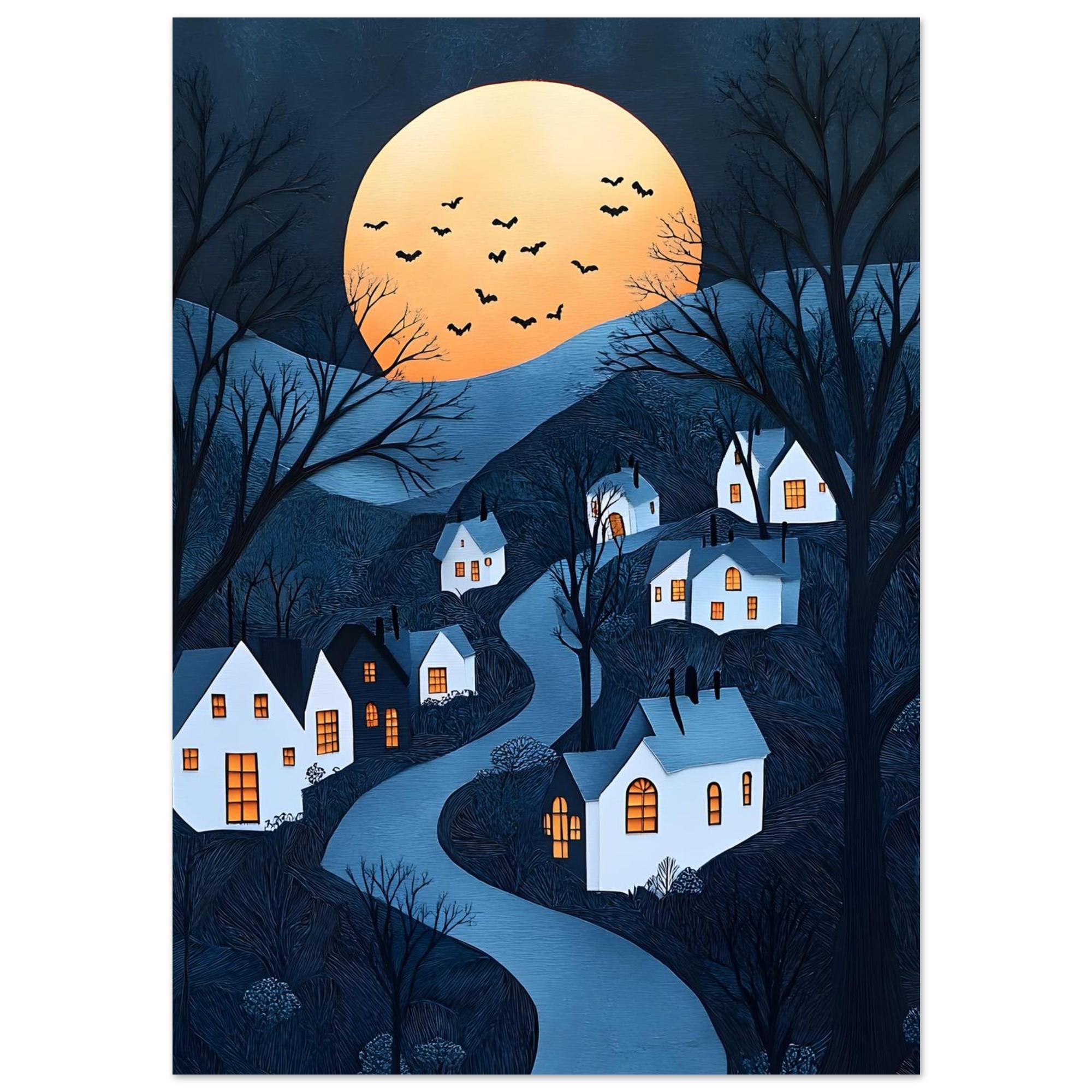 Halloween Village Wall Art, Whimsical Full Moon Print or Aluminium - Image 4