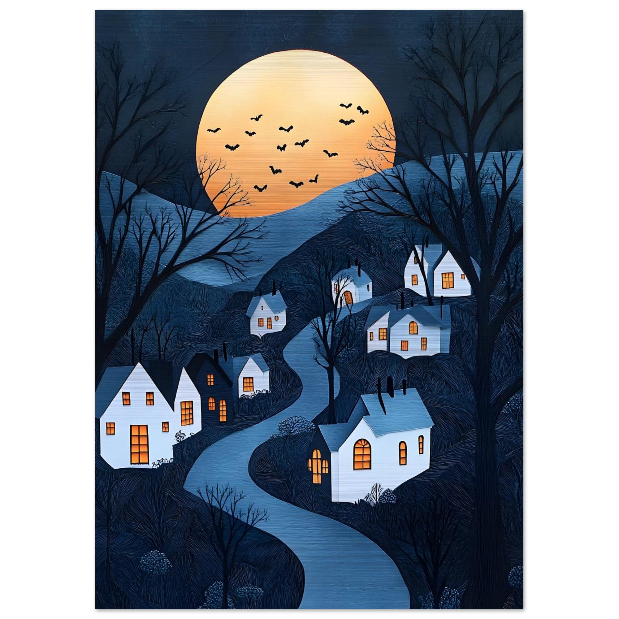 Halloween Village Wall Art, Whimsical Full Moon Print or Aluminium - Image 6