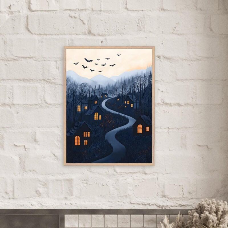 Halloween Village Wall Art, Whimsical Spooky Night Print with Bats