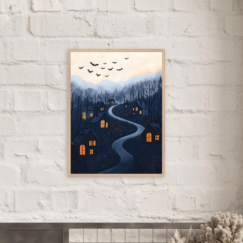 Halloween Village Wall Art, Whimsical Spooky Night Print with Bats
