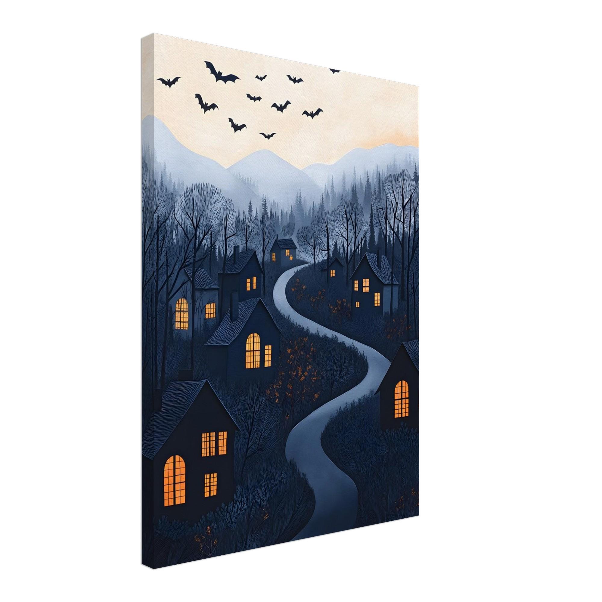 Halloween Village Wall Art, Whimsical Spooky Night Print with Bats - Image 2