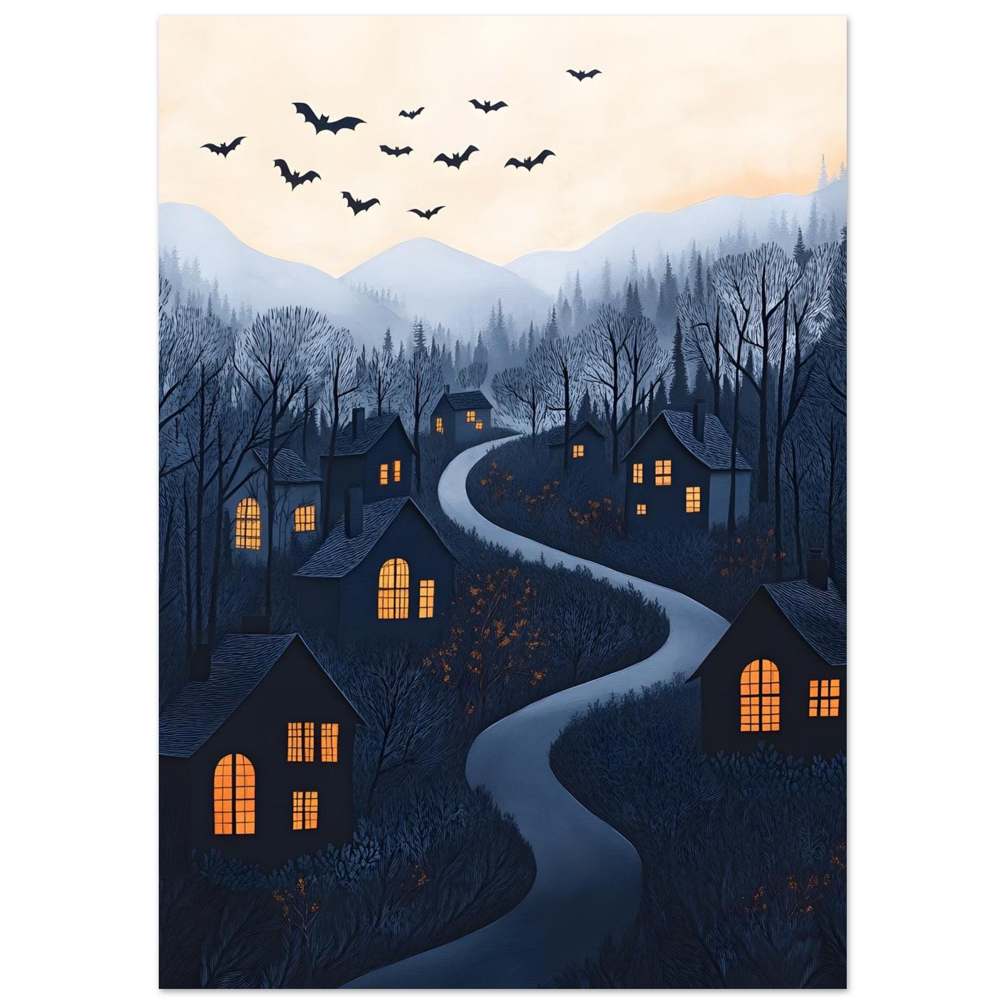 Halloween Village Wall Art, Whimsical Spooky Night Print with Bats - Image 5