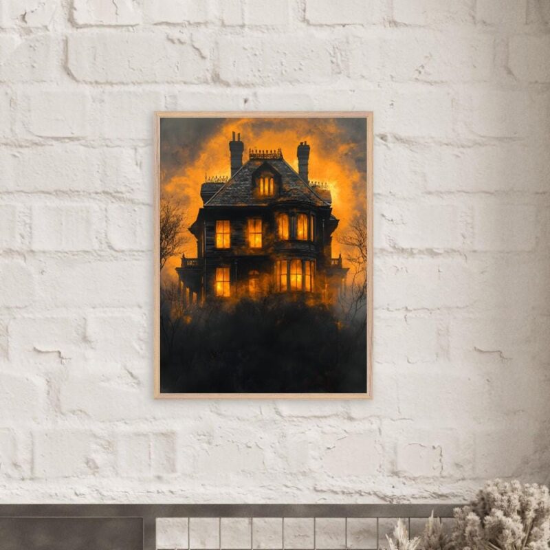 Haunted Mansion Wall Art, Victorian Gothic Print with Fiery Twilight Sky