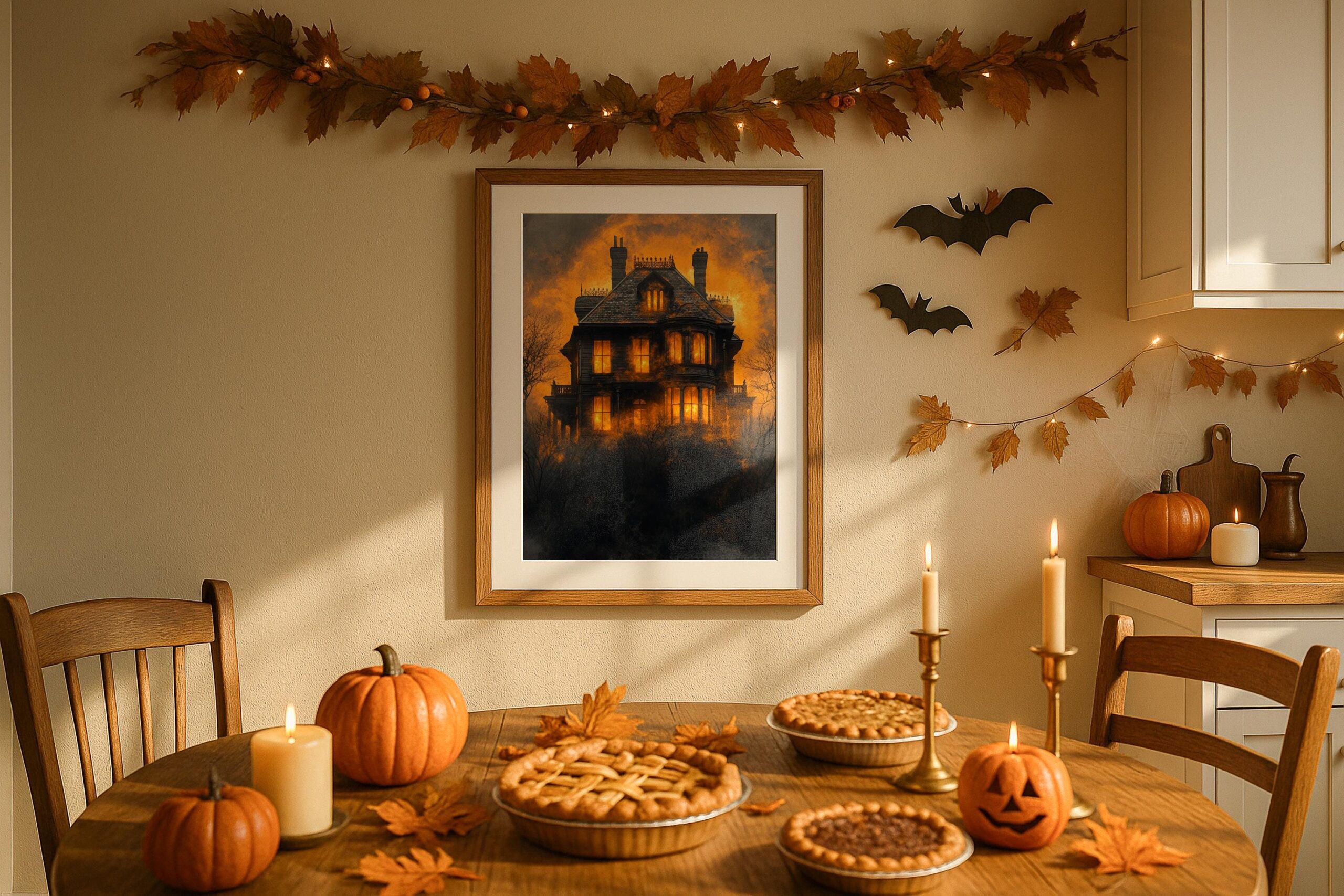 Haunted Mansion Wall Art, Victorian Gothic Print with Fiery Twilight Sky - Image 2