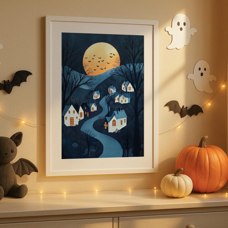 Halloween Village Wall Art, Whimsical Full Moon Print or Aluminium