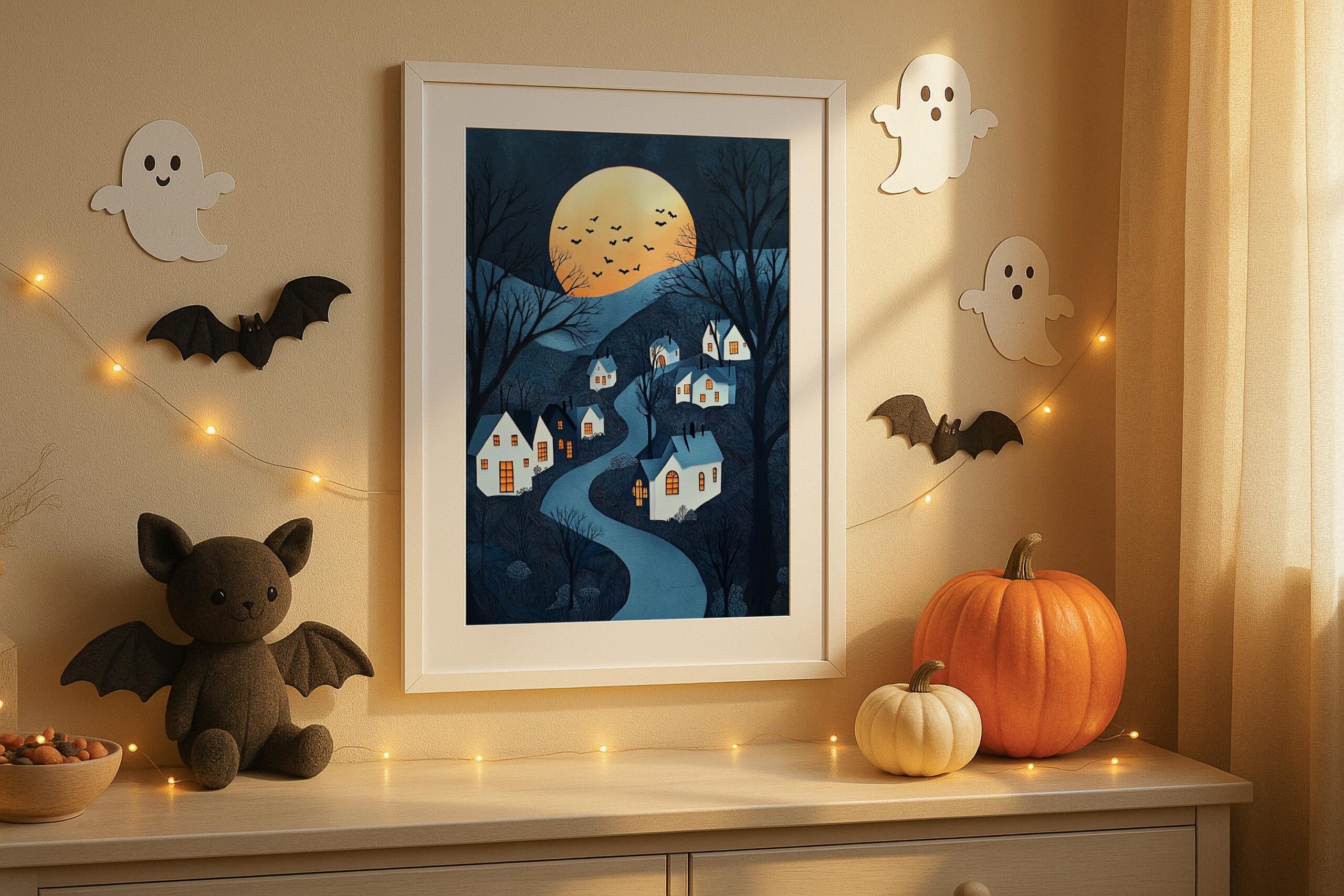 Halloween Village Wall Art, Whimsical Full Moon Print or Aluminium