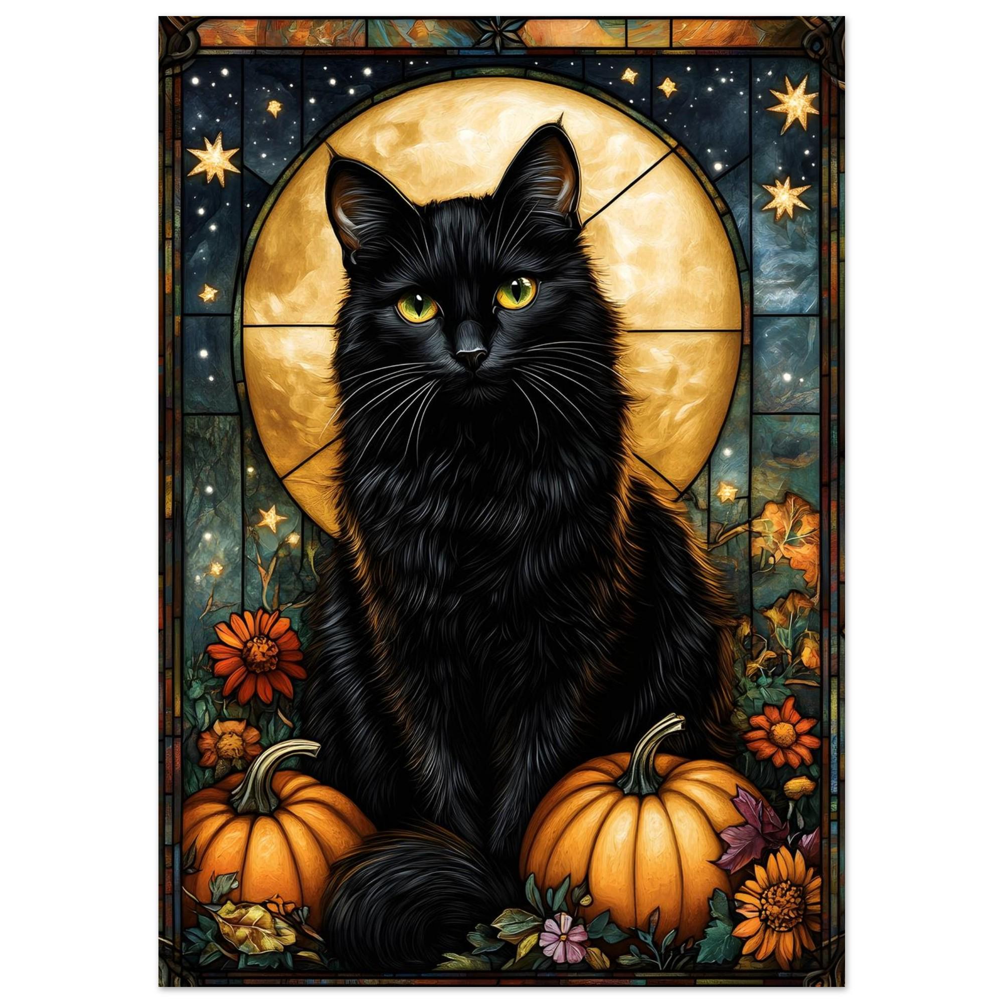 Black Cat Halloween Wall Art, Stained Glass Gothic Print, Acrylic or Aluminium - Image 3