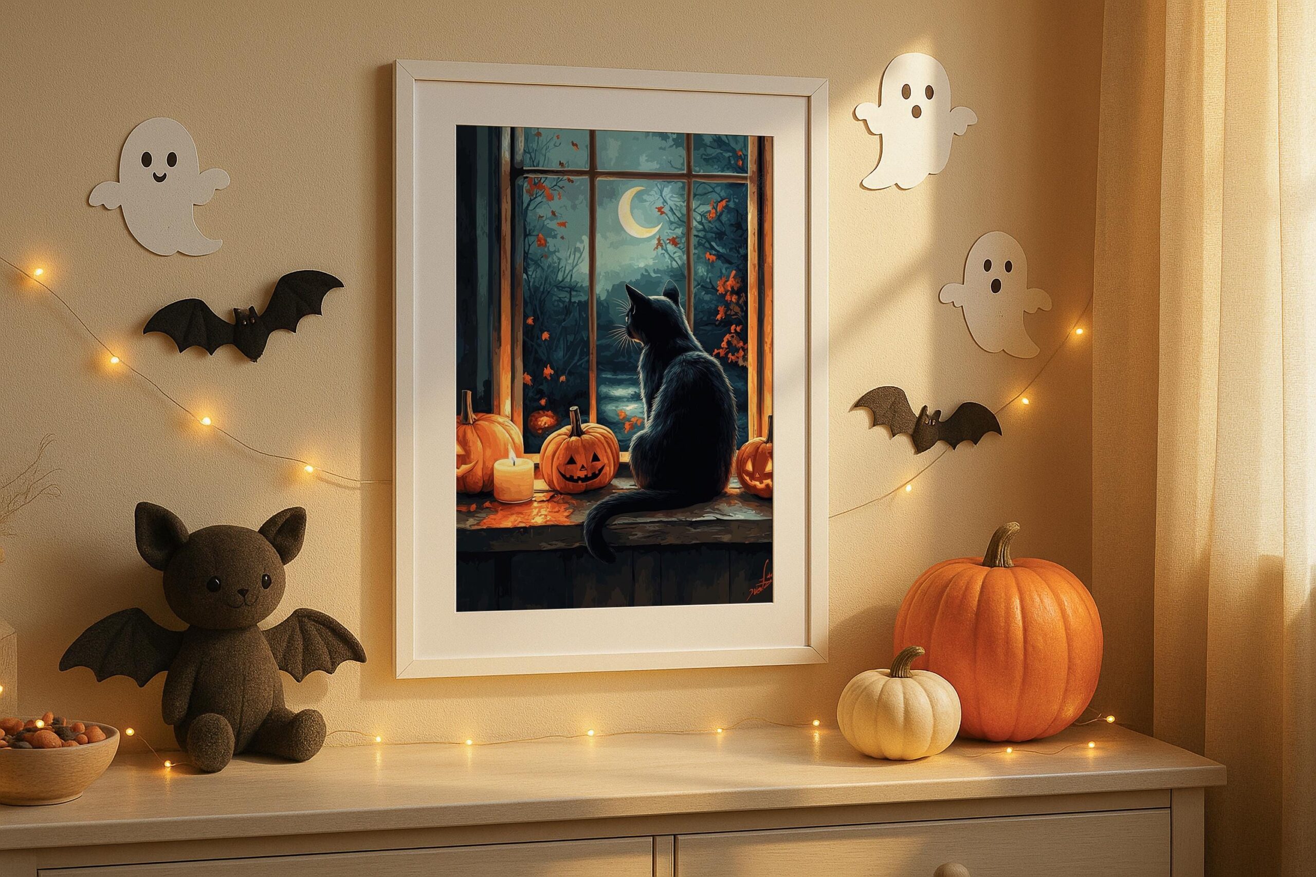 Black Cat Halloween Wall Art, Pumpkin Window Print, Cosy Gothic Decor - Image 8