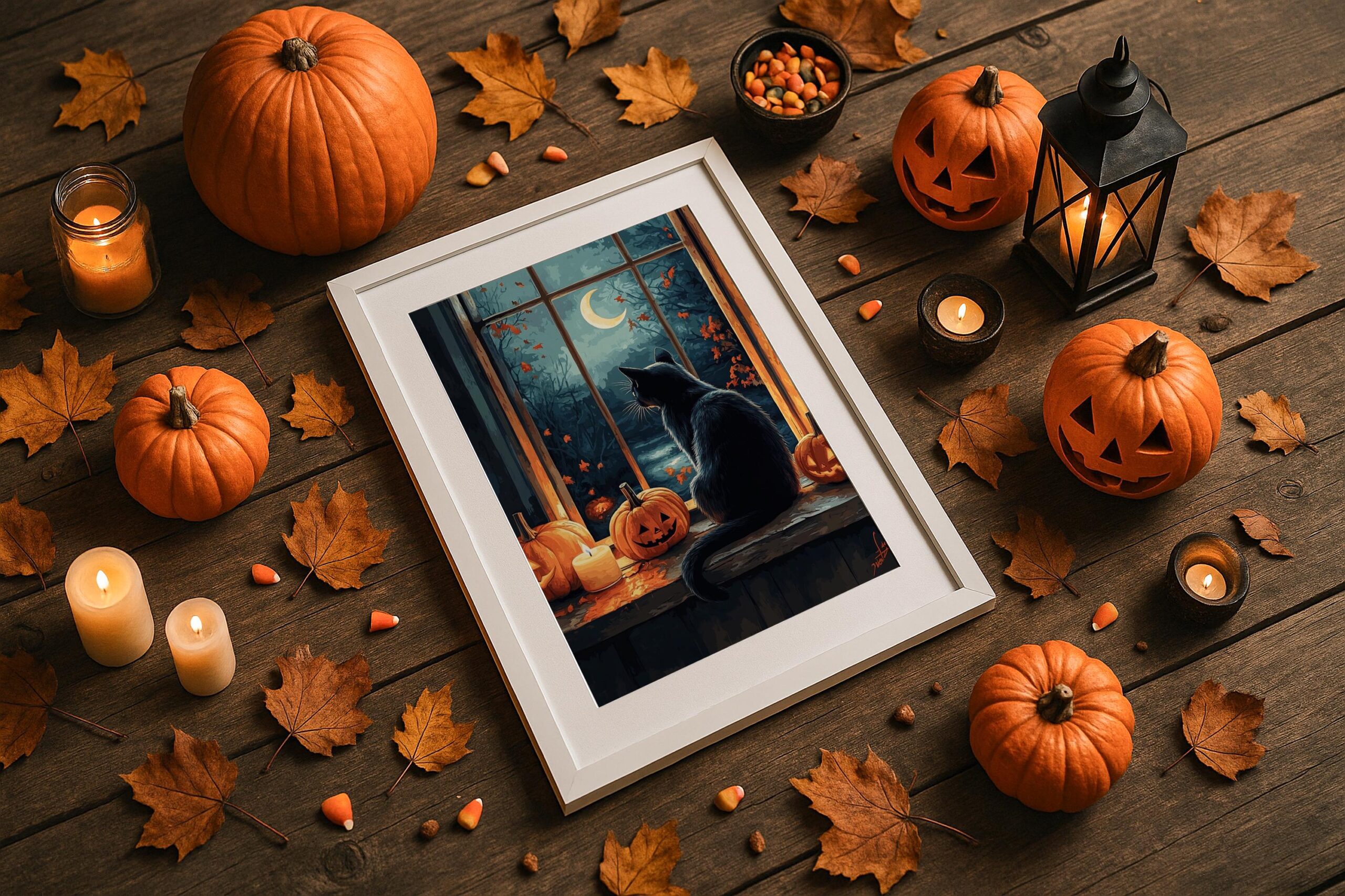 Black Cat Halloween Wall Art, Pumpkin Window Print, Cosy Gothic Decor - Image 10