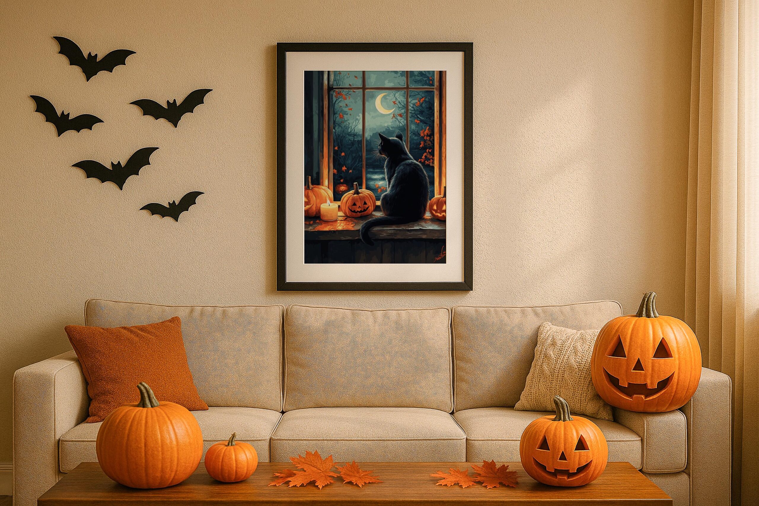 Black Cat Halloween Wall Art, Pumpkin Window Print, Cosy Gothic Decor - Image 9