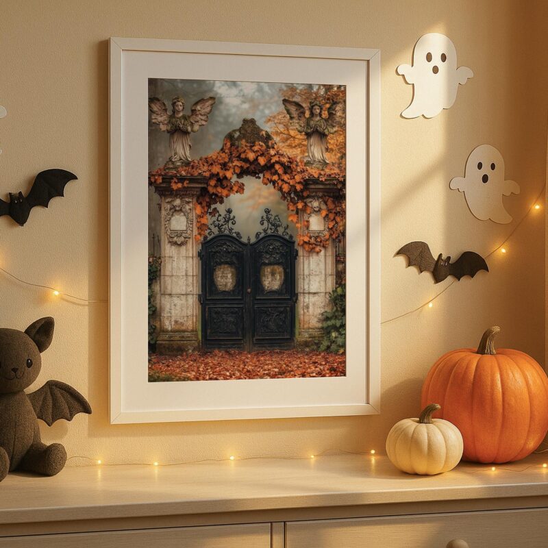 Angel Gate Wall Art, Autumn Cemetery Print, Ethereal Gothic Decor
