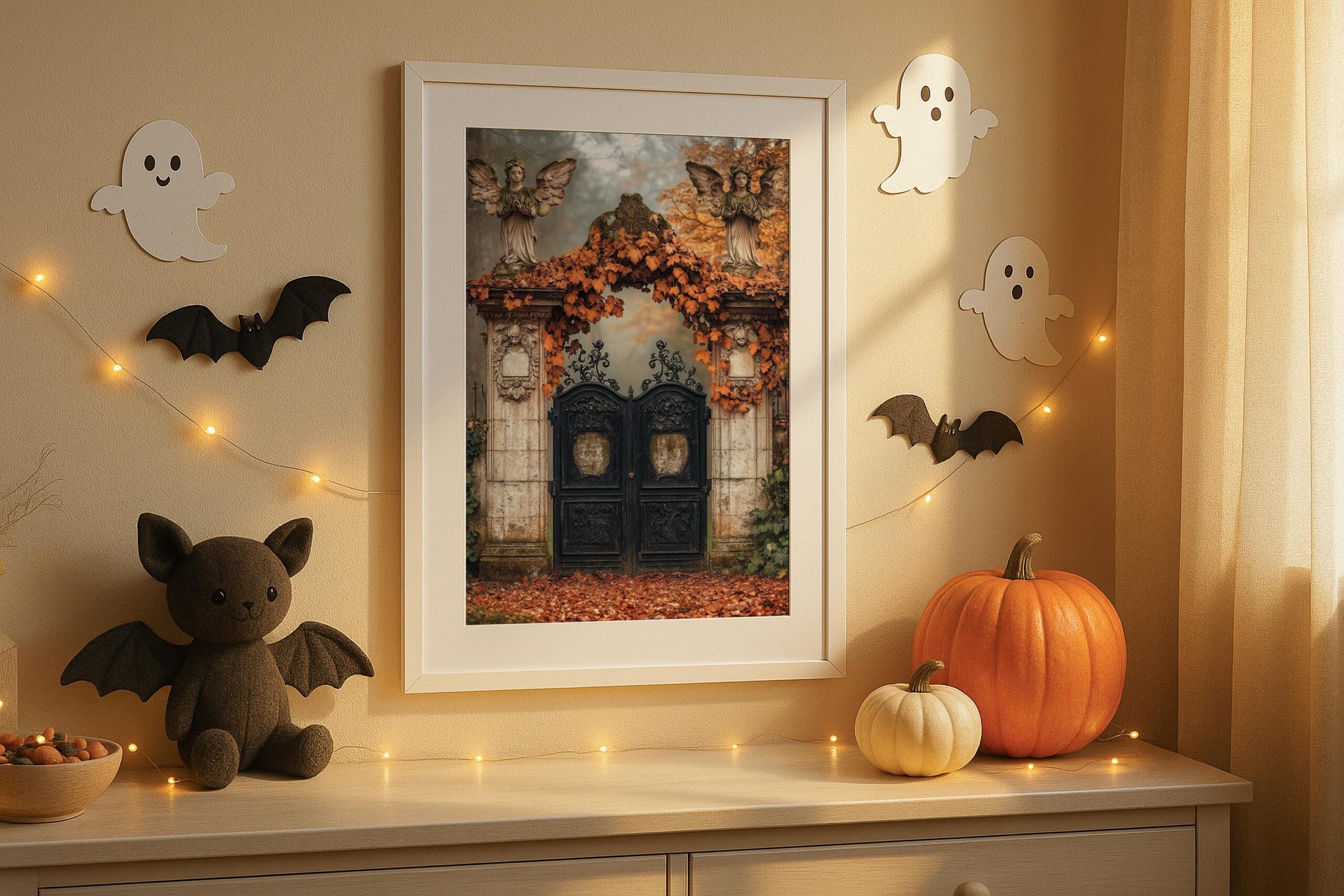 Angel Gate Wall Art, Autumn Cemetery Print, Ethereal Gothic Decor