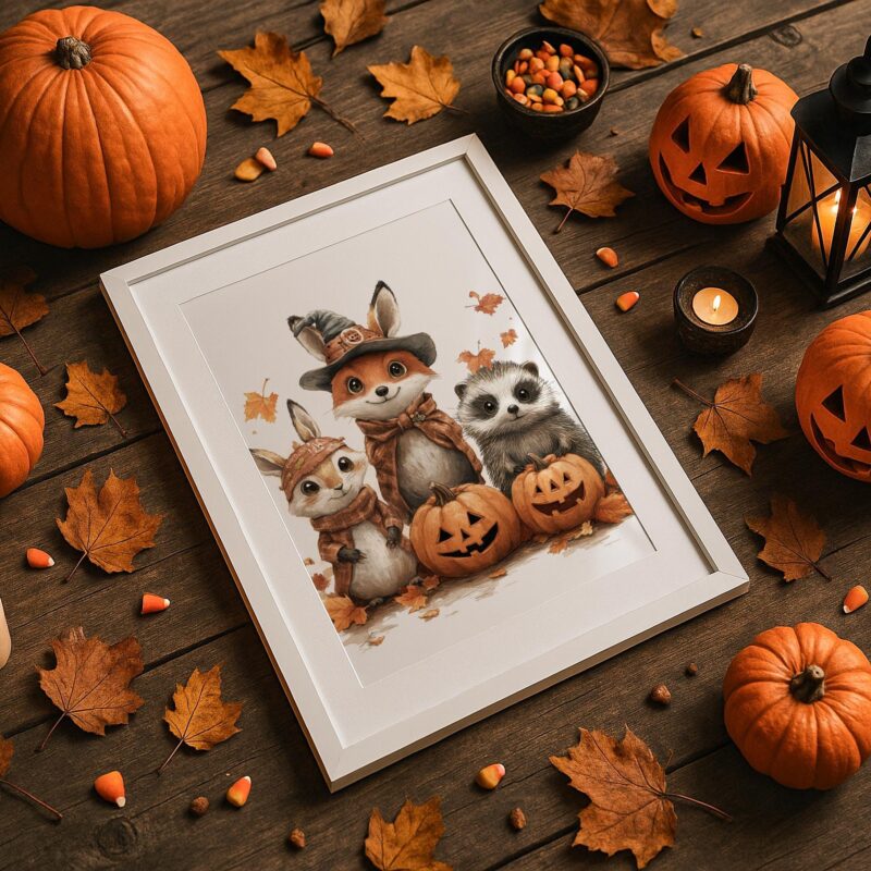 Woodland Animal Wall Art, Cute Halloween Print, Whimsical Autumn Nursery Decor