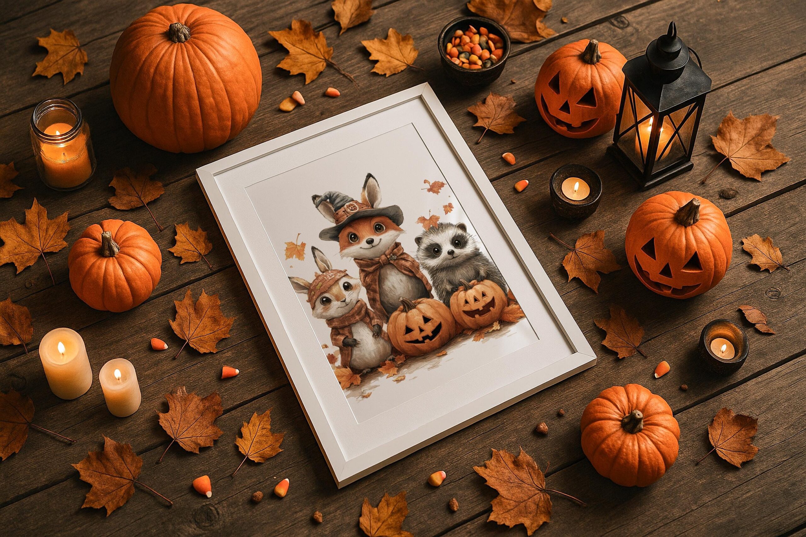 Woodland Animal Wall Art, Cute Halloween Print, Whimsical Autumn Nursery Decor