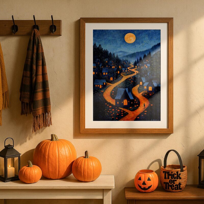 Halloween Village Wall Art, Full Moon Pumpkin Print, Whimsical Fall Decor